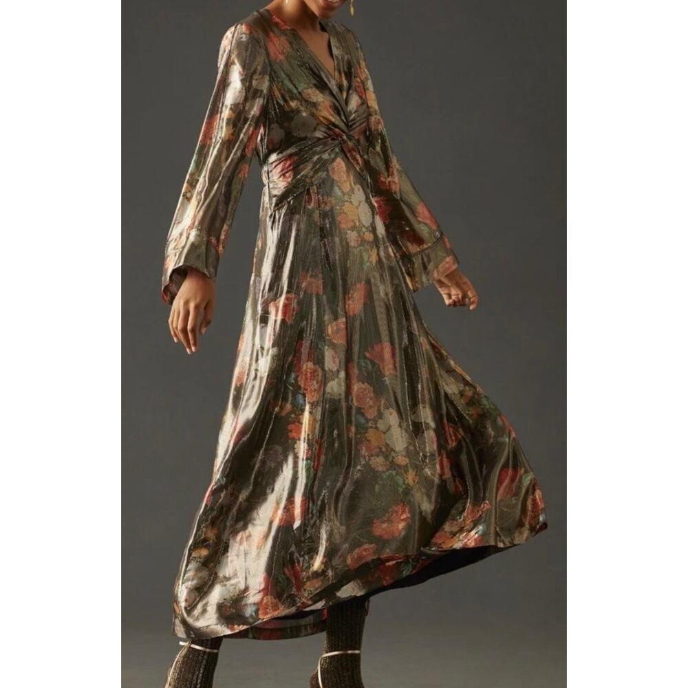 Anthropologie Caballaro Midi Dress Brown Metallic Floral New - Picture 2 of 7